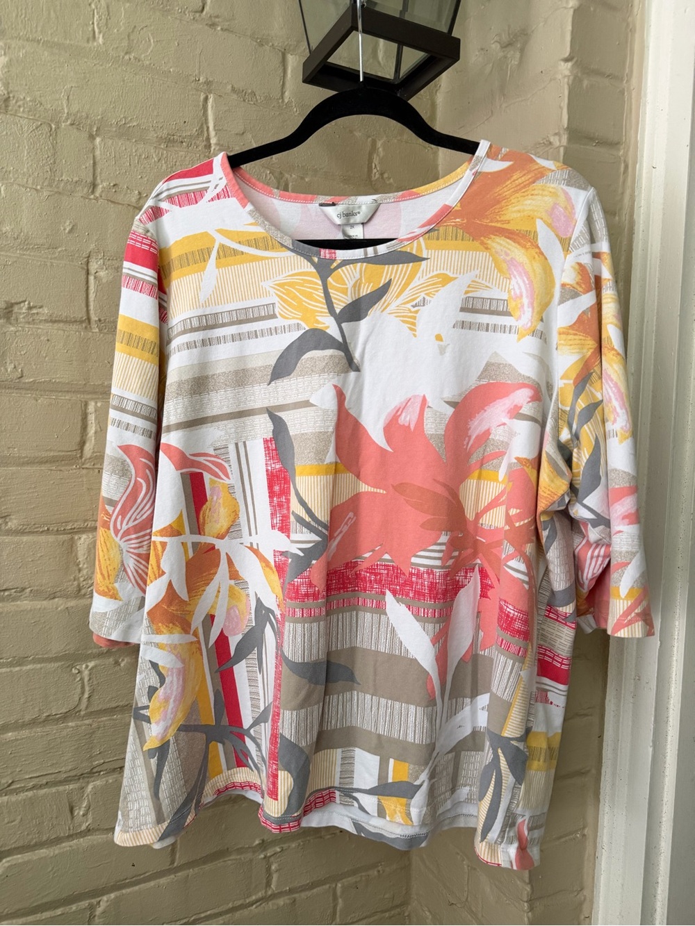 CJ Banks Floral Scoop Neck Tunic - Pink, Yellow & Gray